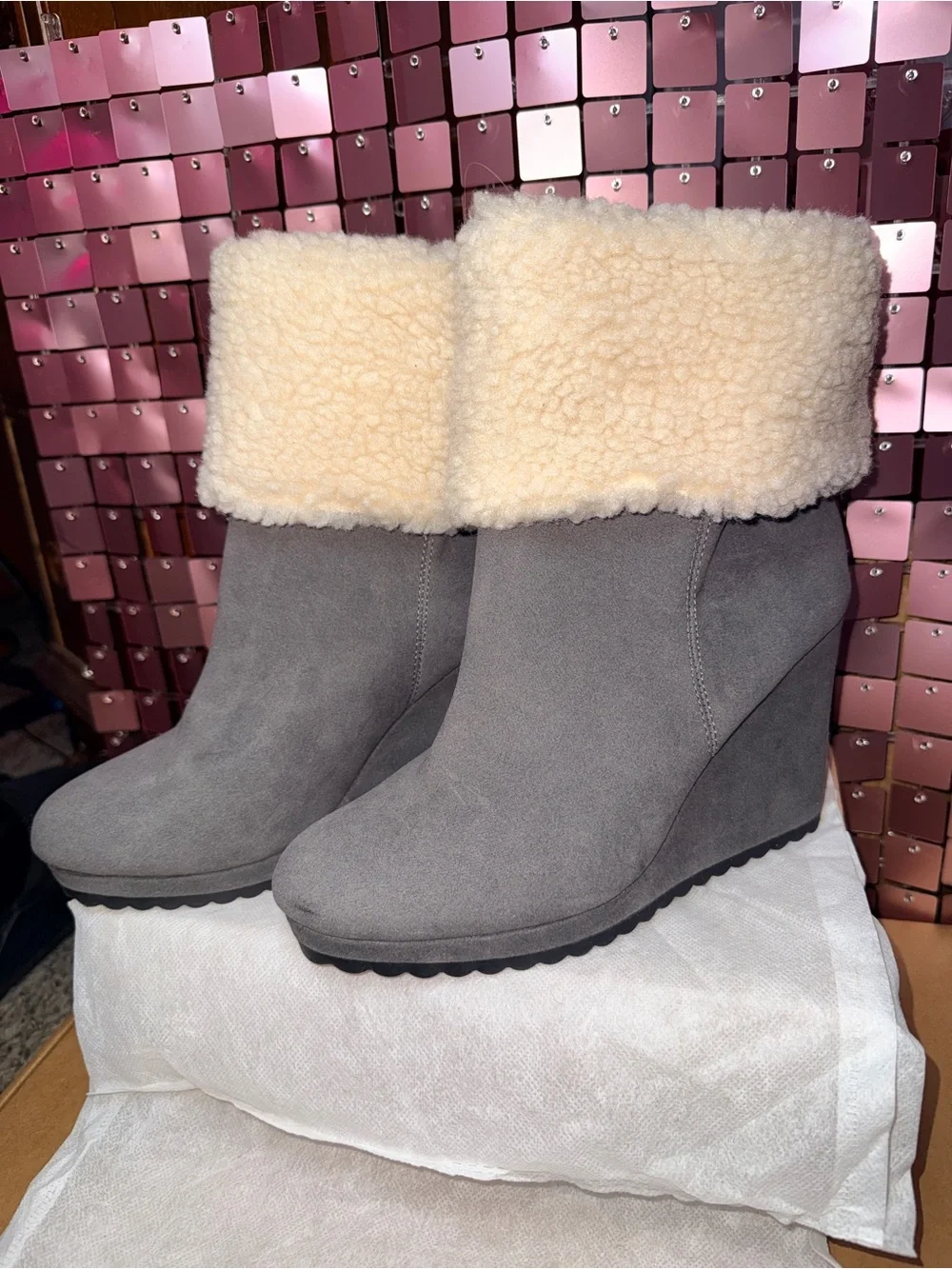 Cozy Shearling Cuff Wedge Booties - Gray